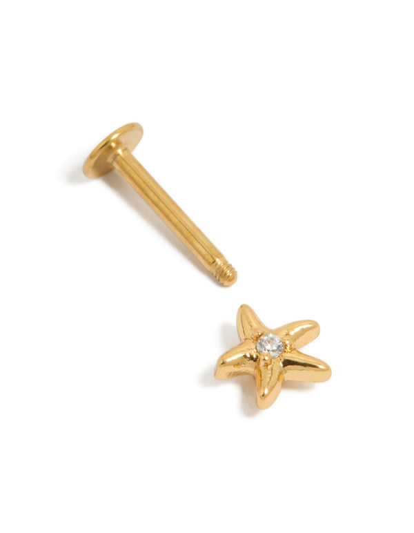 Gold Plated Surgical Steel Cubic Zirconia Starfish Single  Flat Back Stud