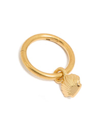 Showcasing a gold plated surgical steel scallop shell charm clicker ring with ocean inspired hoop closure front view - link has visual effect only