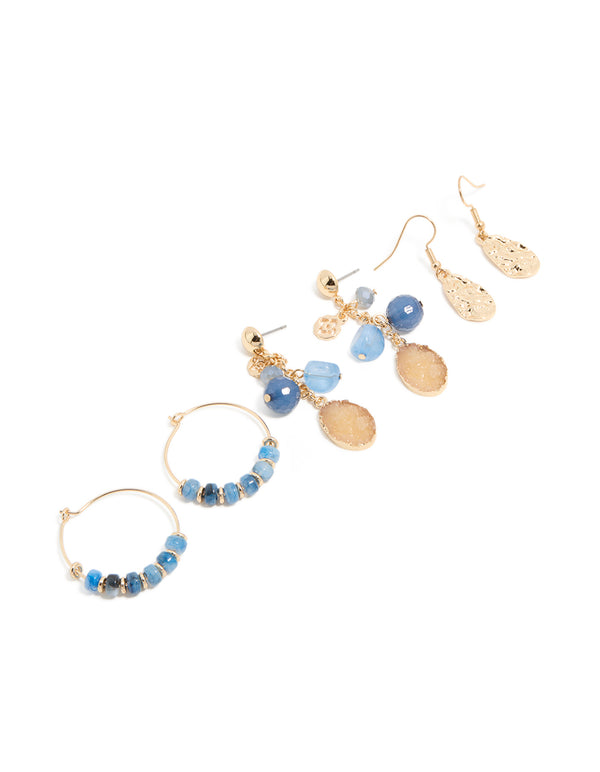 Gold & Blue Beaded Drop & Hoop Earrings 3-Pack
