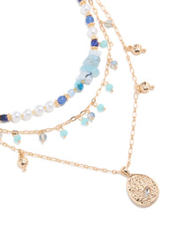 Gold Blue Stone Beaded & Charm Layered Necklace - link has visual effect only