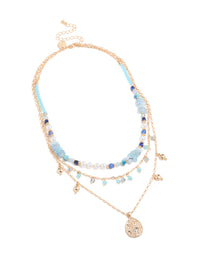 Gold Blue Stone Beaded & Charm Layered Necklace - link has visual effect only
