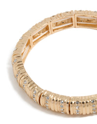 Featuring gold ribbed diamante stretch bracelet close up view - link has visual effect only