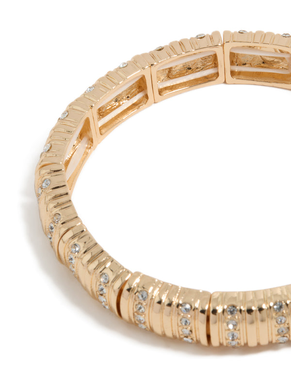 Featuring gold ribbed diamante stretch bracelet close up view