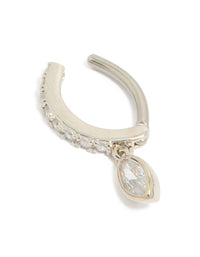 This surgical steel cubic zirconia circle drop belly ring showcases a charm detailing in silver and clear stone detail view - link has visual effect only