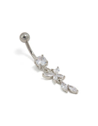 Showcasing a titanium belly bar with butterfly and charm drop, featuring cubic zirconia stones and metal balls on a curved bar front view - link has visual effect only