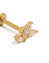 Featuring small leaf design stud earrings with small cubic zirconia stones, crafted from titanium and gold plated, featuring flat back closure close up view - link has visual effect only