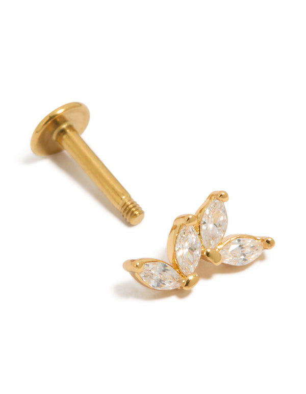 Showcasing single small leaf design stud earrings with small cubic zirconia stones, crafted from titanium and gold plated, featuring flat back closure front view