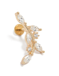 Discover a gold plated titanium curved vine flat back stud with cubic zirconia in clear close up view - link has visual effect only