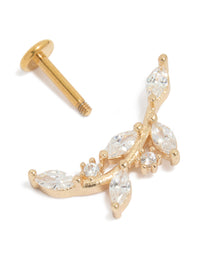 Crafted from gold plated titanium, this curved vine flat back stud showcases with cubic zirconia in clear post detail view - link has visual effect only