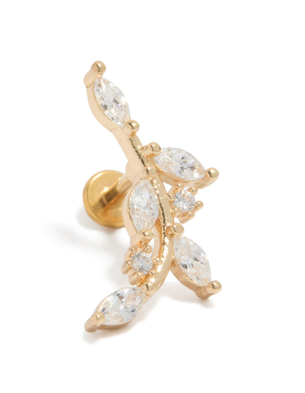 Elegant gold plated titanium curved vine flat back stud with cubic zirconia in clear front view
