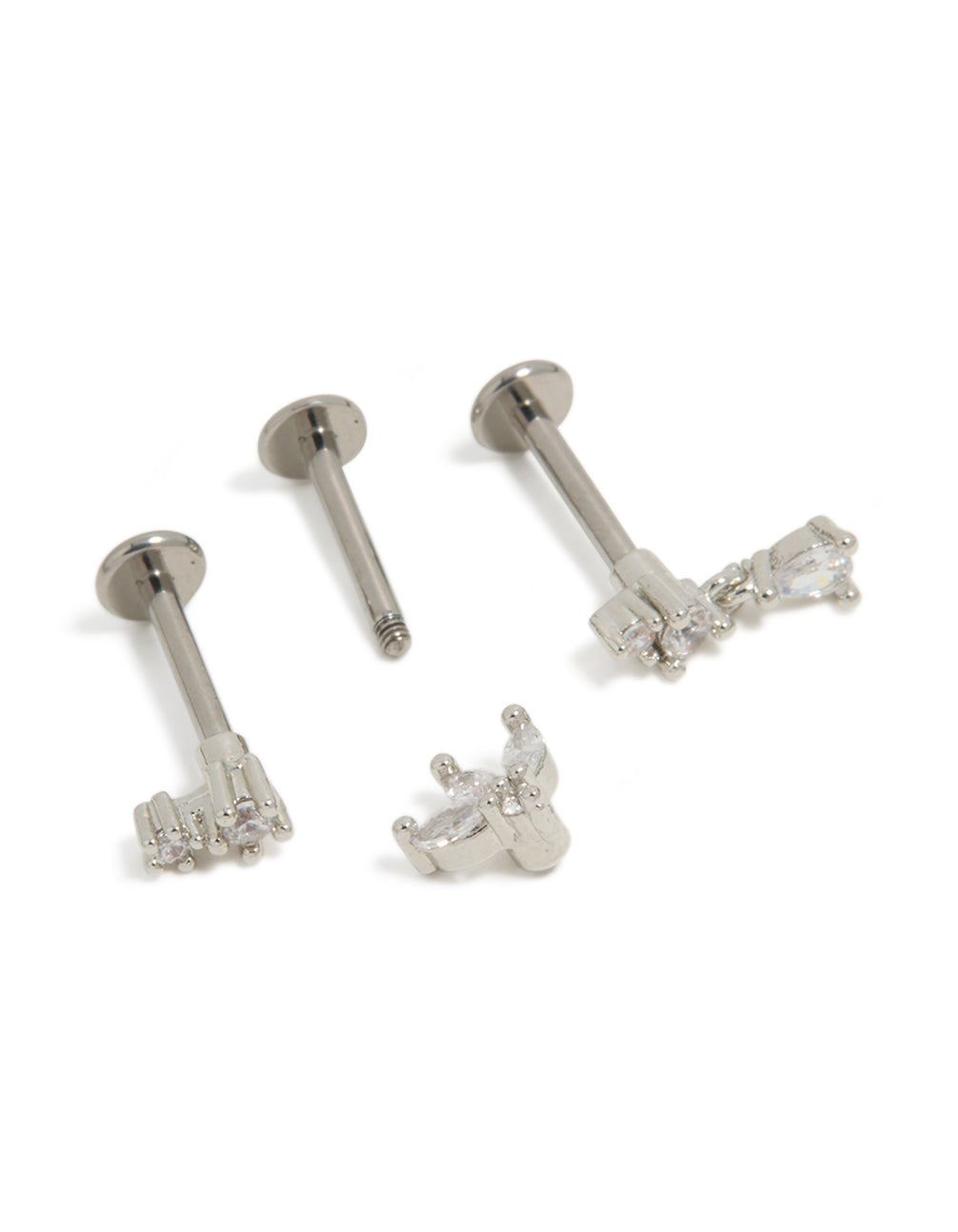 Crafted from titanium, these cubic zirconia flower drop flat back studs 3-pack in silver and clear post detail view