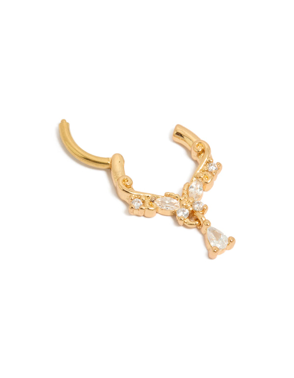 Crafted from gold plated titanium with butterfly charm and cubic zirconia ring detail view