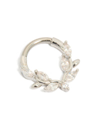 Showcasing a titanium cubic zirconia vine clicker ring in silver and clear stone hoop closure detail view - link has visual effect only