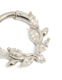 Showcasing a titanium cubic zirconia vine clicker ring in silver and clear stone hoop closure detail view - link has visual effect only