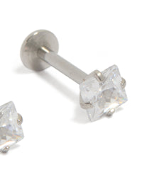 Exquisitely designed 4 MM square cubic zirconia flat back studs in surgical steel post detail view - link has visual effect only