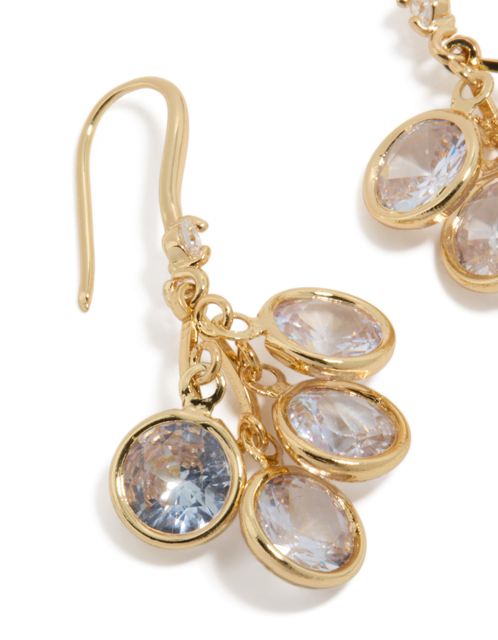 Displaying gold plated cubic zirconia cluster drop hook earrings with intricate detail close up view