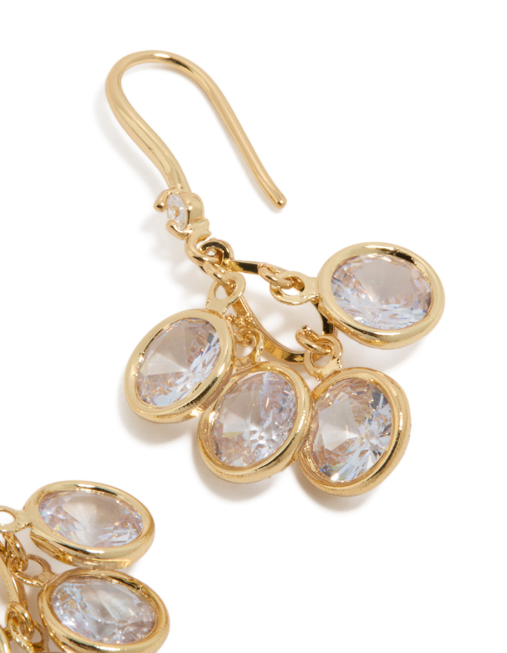Highlighting gold plated cubic zirconia cluster drop hook earrings with clear stone settings post detail view