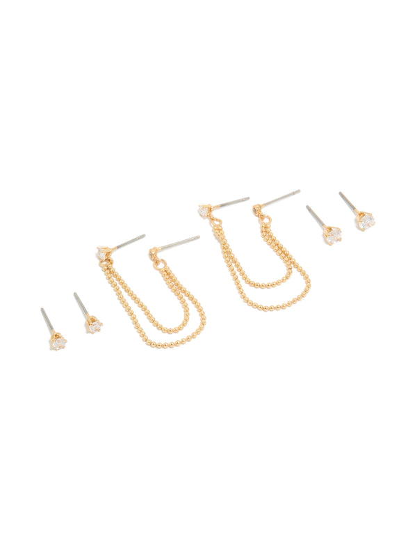 Gold Plated  Cubic Zirconia Double Layered Chain & Stud Earrings 3-Pack