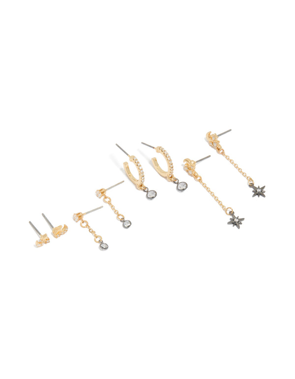 Mixed Metal Plated Cubic Zirconia Cluster Chain & Stud Earrings 4-Pack