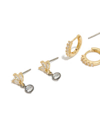 Mixed Metal Plated Cubic Zirconia Bezel Stud & Huggie Earrings 3-Pack - link has visual effect only