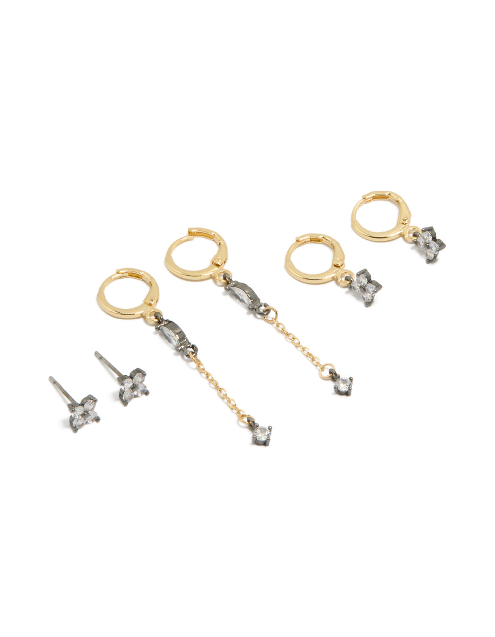 Showcasing mixed metal cubic zirconia flower chain and huggie earrings in a 3-pack front view