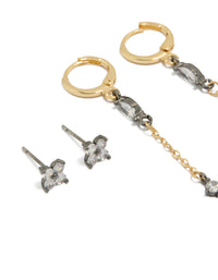 Mixed Metal Plated Cubic Zirconia Flower Chain & Huggie Earrings 3-Pack - link has visual effect only