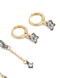Mixed Metal Plated Cubic Zirconia Flower Chain & Huggie Earrings 3-Pack - link has visual effect only