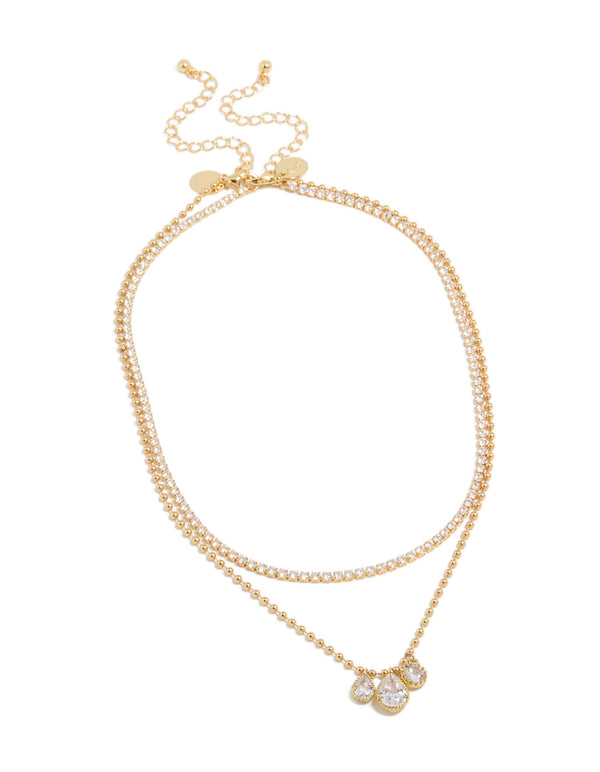Gold Plated Cubic Zirconia Tennis &  Droplets Layered Necklace