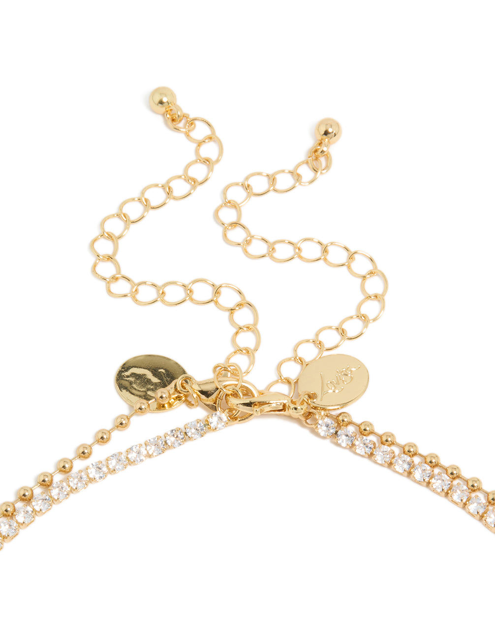 Elegant gold plated cubic zirconia tennis and droplets layered necklace with balls clasp detail view