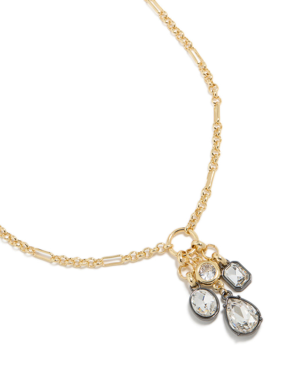 Showcasing a mixed metal plated diamante cluster drop necklace with cubic zirconia in gold statement style close up view