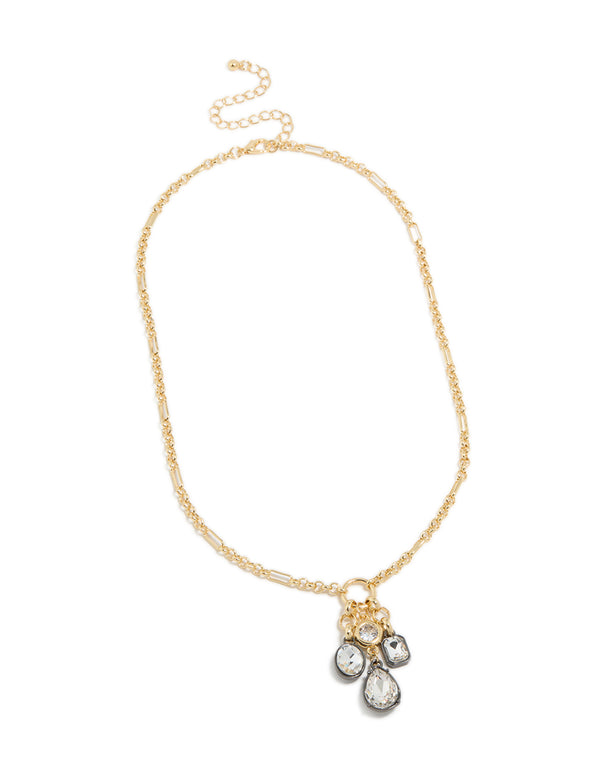 Mixed Metal Plated Diamante Cluster Drop Necklace