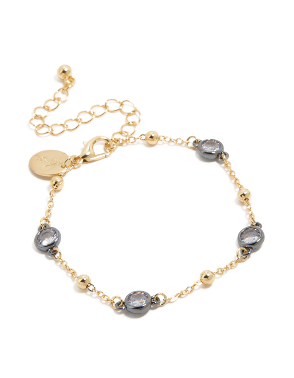 Showcasing a mixed metal and ball chain bracelet, with gold plated finish, cubic zirconia stones, and grey accents front view