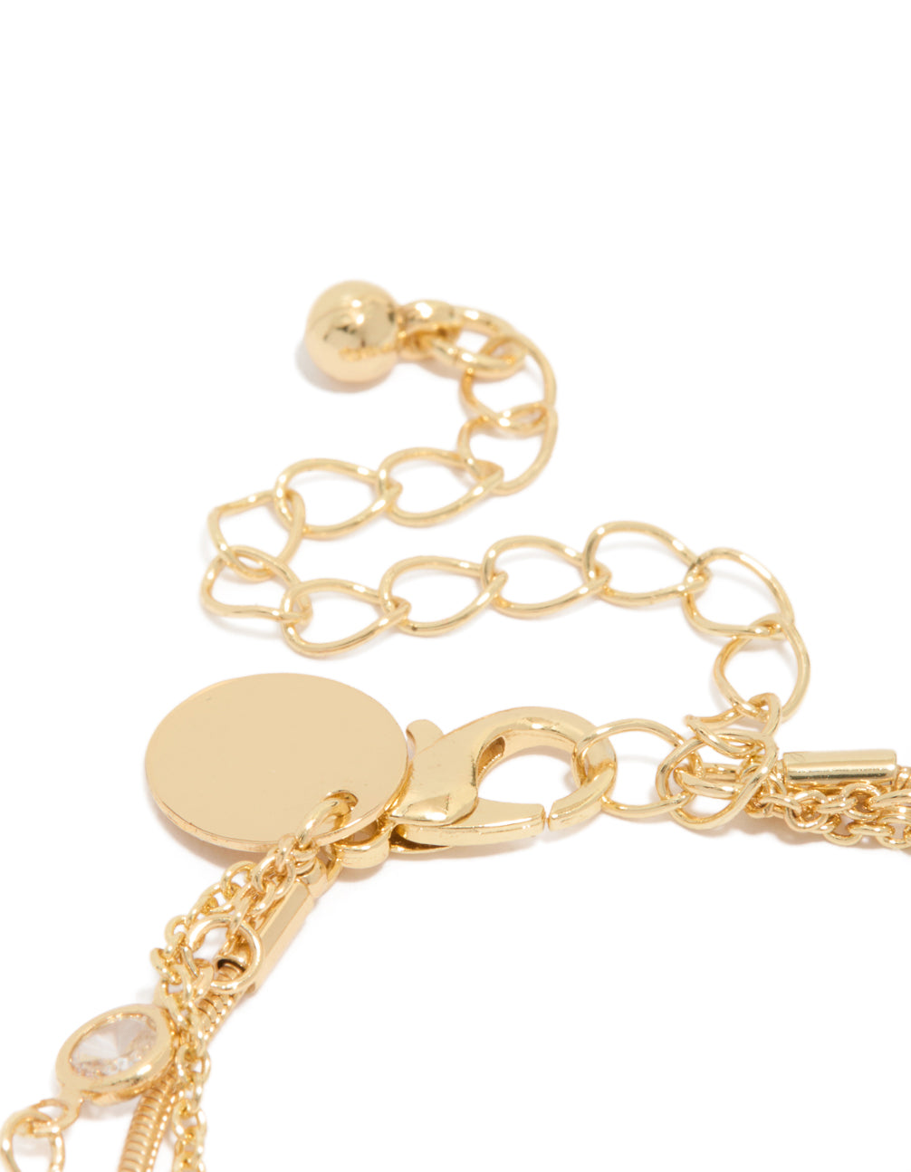 Highlighting gold plated cubic zirconia bezel stone bracelets in a 3-pack closure detail view