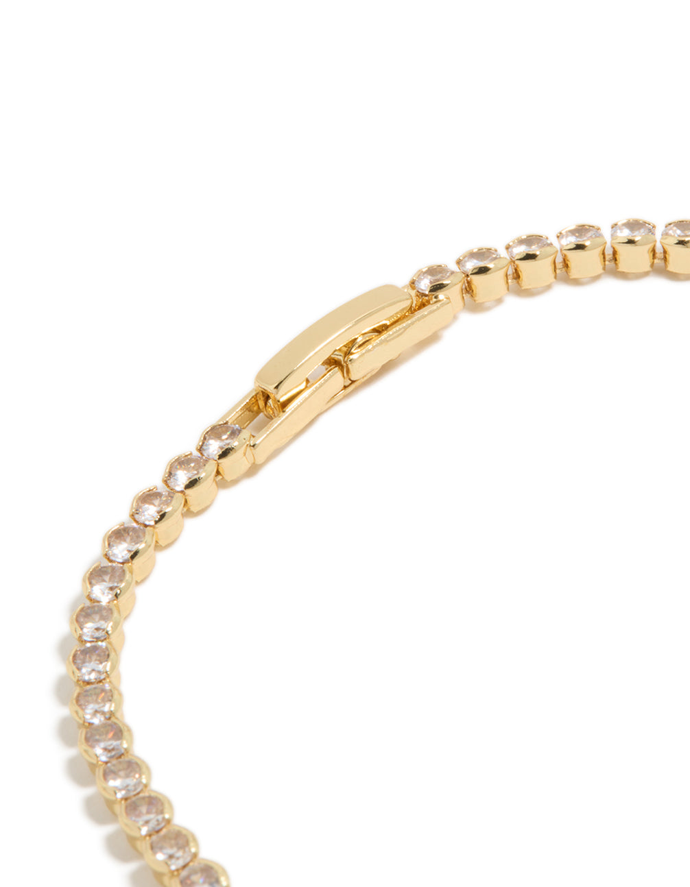 Displaying a gold plated cubic zirconia oval tennis bracelet with clear stones closure detail view