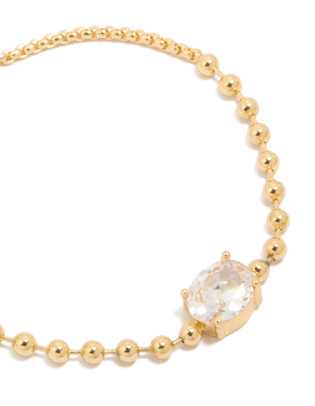 Highlighting ball and cubic zirconia oval toggle chain bracelet in gold plated close up view