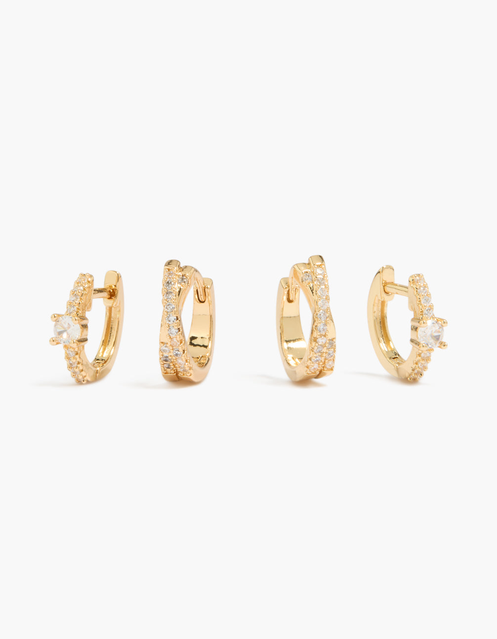 Showcasing gold plated cubic zirconia and criss cross huggie earrings 2-pack in clear stone front view