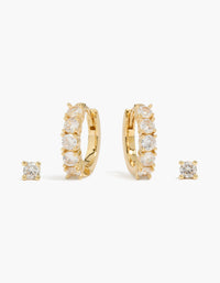 Gold Plated Cubic Zirconia & Oval Huggie Earrings 2-Pack - link has visual effect only