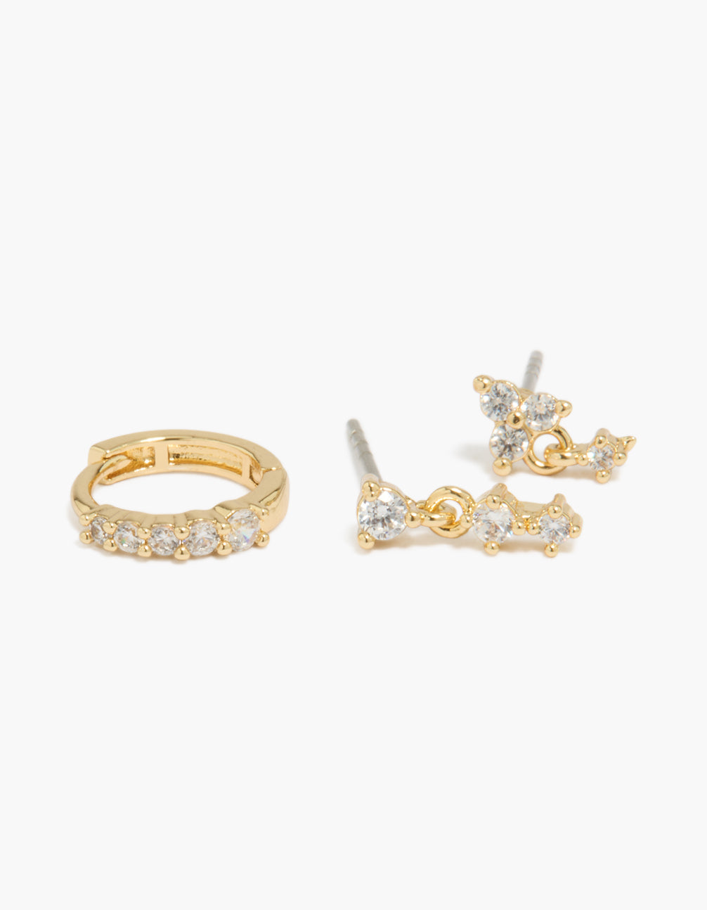 Designed with gold plated cubic zirconia mini huggie and drop earrings 3-pack in huggie closure close up view