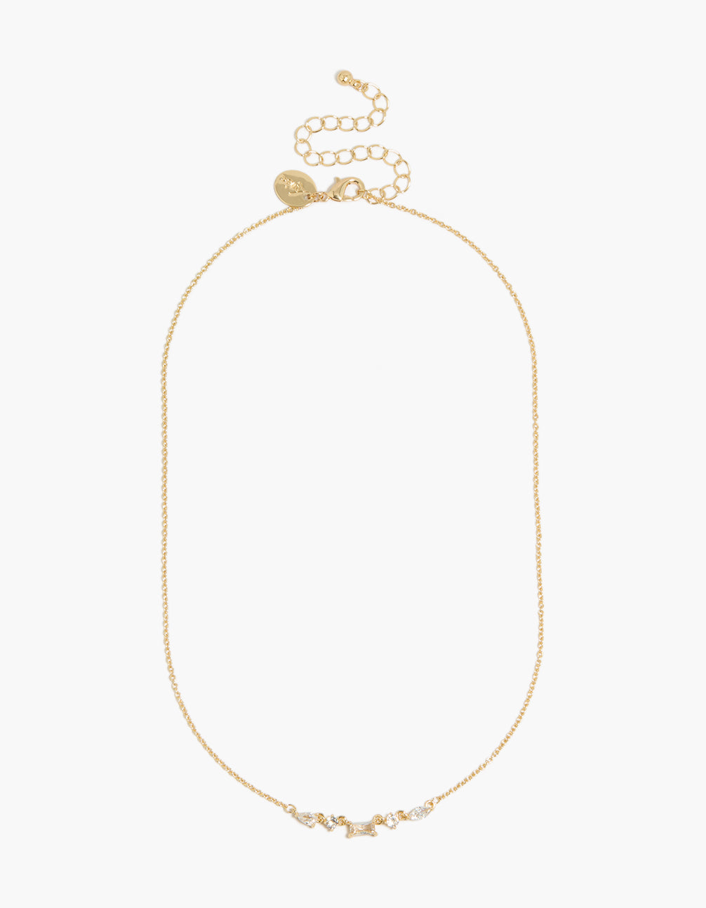 Admire the gold plated necklace designed with mixed shaped cubic zirconia clasp detail view