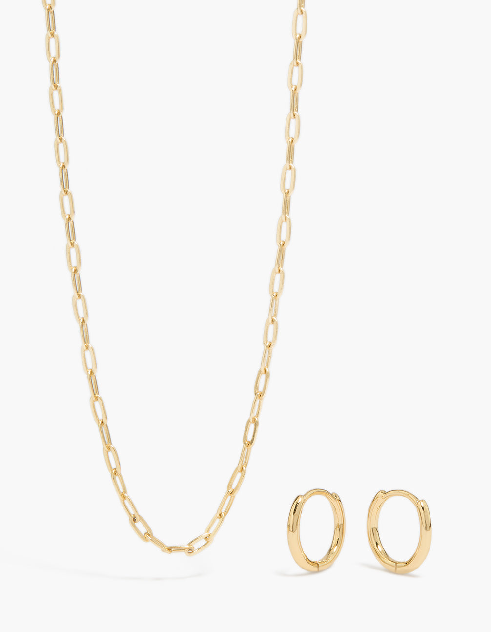 14K Gold Plain Chain & Huggie Earrings Set