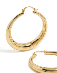 Designed with gold plated material, thick thin hoop earrings featuring closure close up view - link has visual effect only