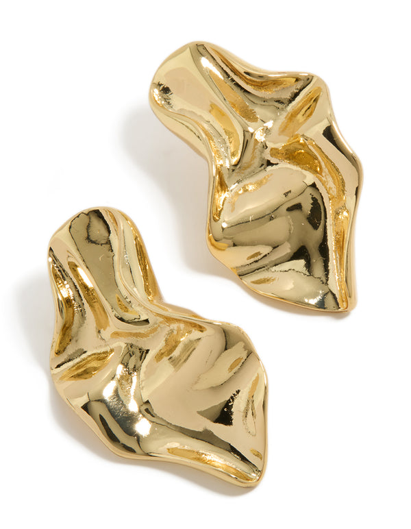 Gold Plated Wavy Organic Drop Stud Earrings