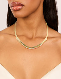 Sophisticated gold plated cubic zirconia necklace with snake chain in statement style on neck view - link has visual effect only