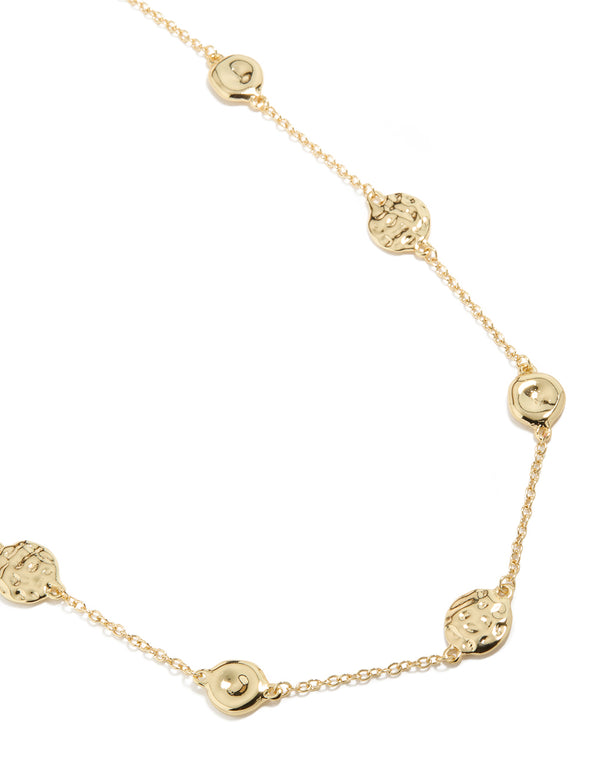 Gold Plated Long Molten Circle Discs Charm Necklace