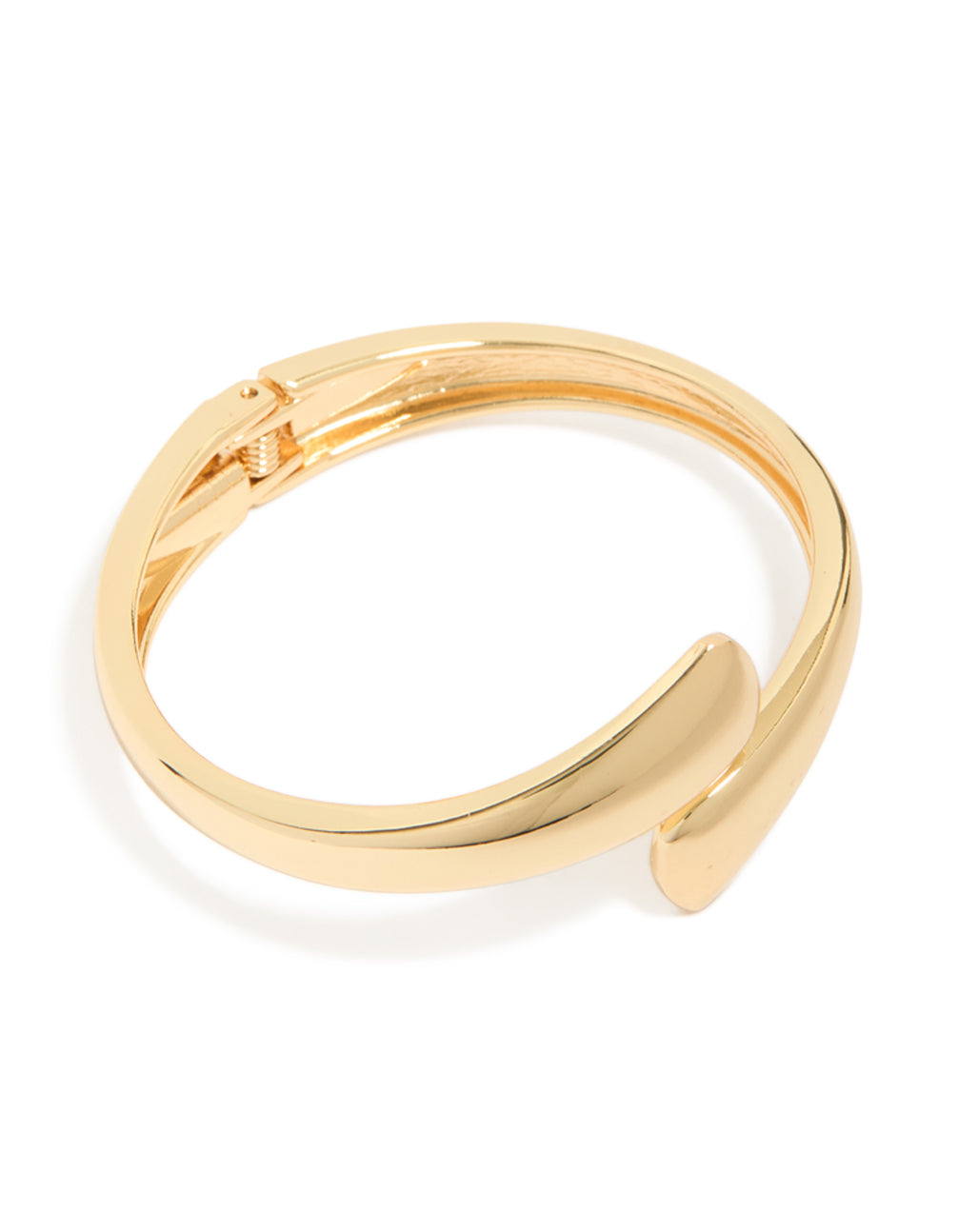 Showcasing a gold plated flat teardrop hinged bangle in a centered front view