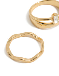 Gold Plated Square & Baguette Cubic Zirconia Wavy Rings 3-Pack - link has visual effect only