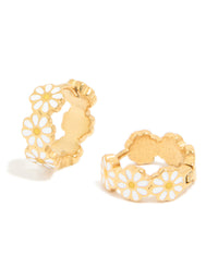 Kids Gold Plated Surgical Steel Enamel Daisy Hoop Earrings with white and yellow floral design in front view - link has visual effect only
