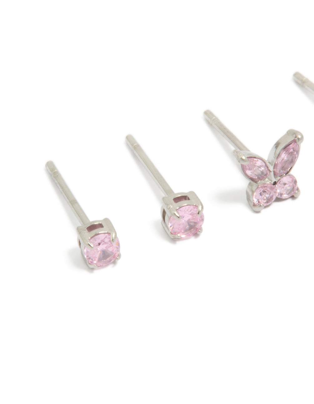 Featuring kids butterfly stud earrings with cubic zirconia, crafted from surgical steel in pink and silver, 2-pack close up view
