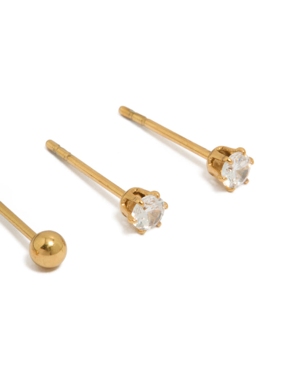 Kids Gold Plated Surgical Steel Ball & Cubic Zirconia Stud Earrings 2-Pack