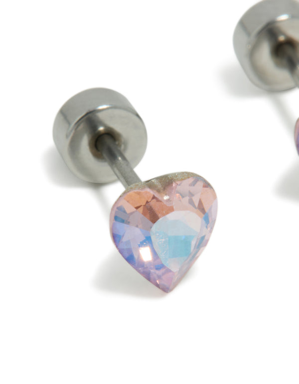 Kids Surgical Steel Iridescent Cubic Zirconia Heart Flat Back Studs